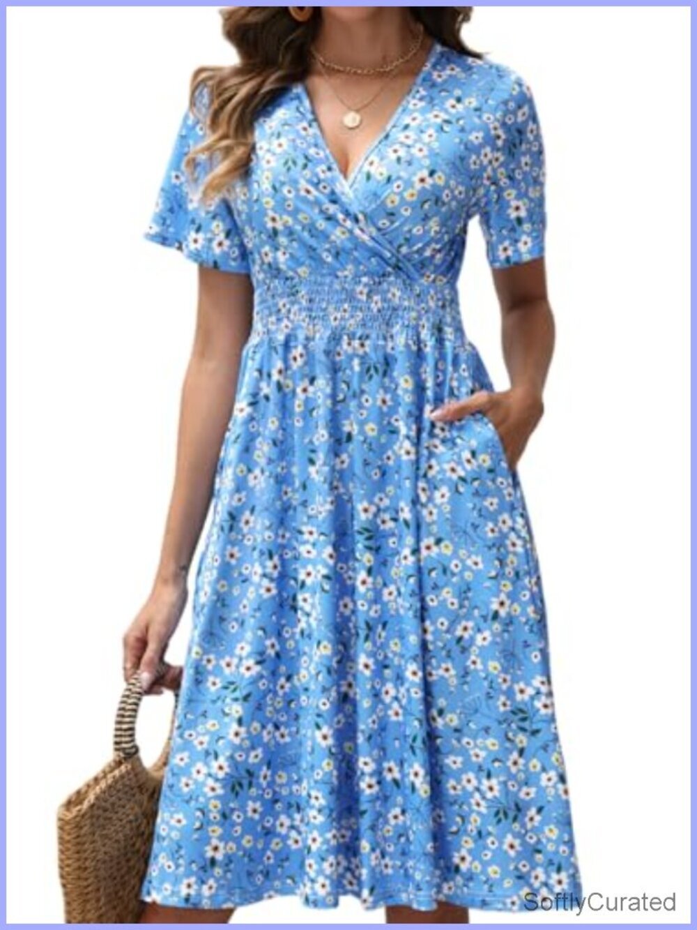 Midi Floral Dress - Short Sleeve Wrap V-Neck Smocked Waist A-Line Pockets